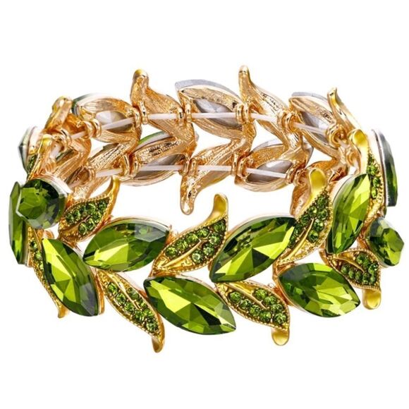 Yellow Gold and Green Peridot Austrian Crystal Leaf Stetchable Bracelet Bangle - Picture 1 of 5
